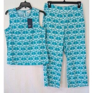 NWT Crown & Ivy Women’s Blue Aqua Floral 2pc Set Top M & Cropped Pants 10